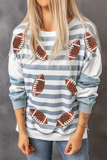 Football Striped Round Neck Long Sleeve Sweatshirt.