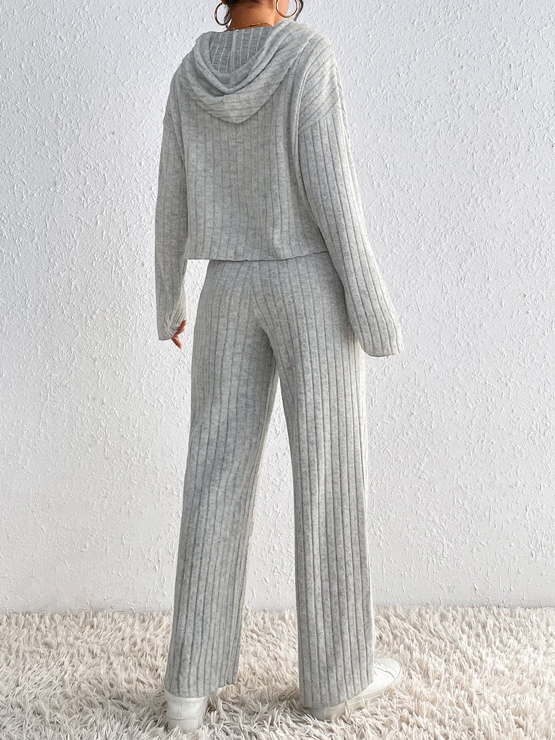 Drawstring Ribbed Hoodie and Straight Leg Pants Set.