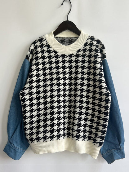 Houndstooth Denim Sleeve Sweater.