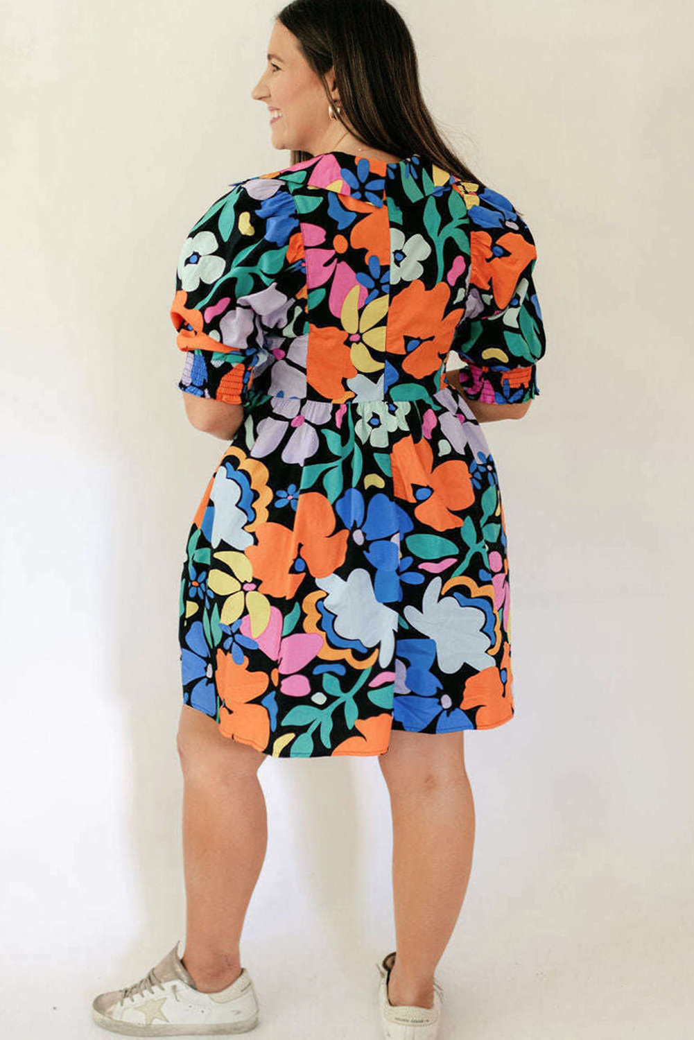 Floral print collared dress with split neck design