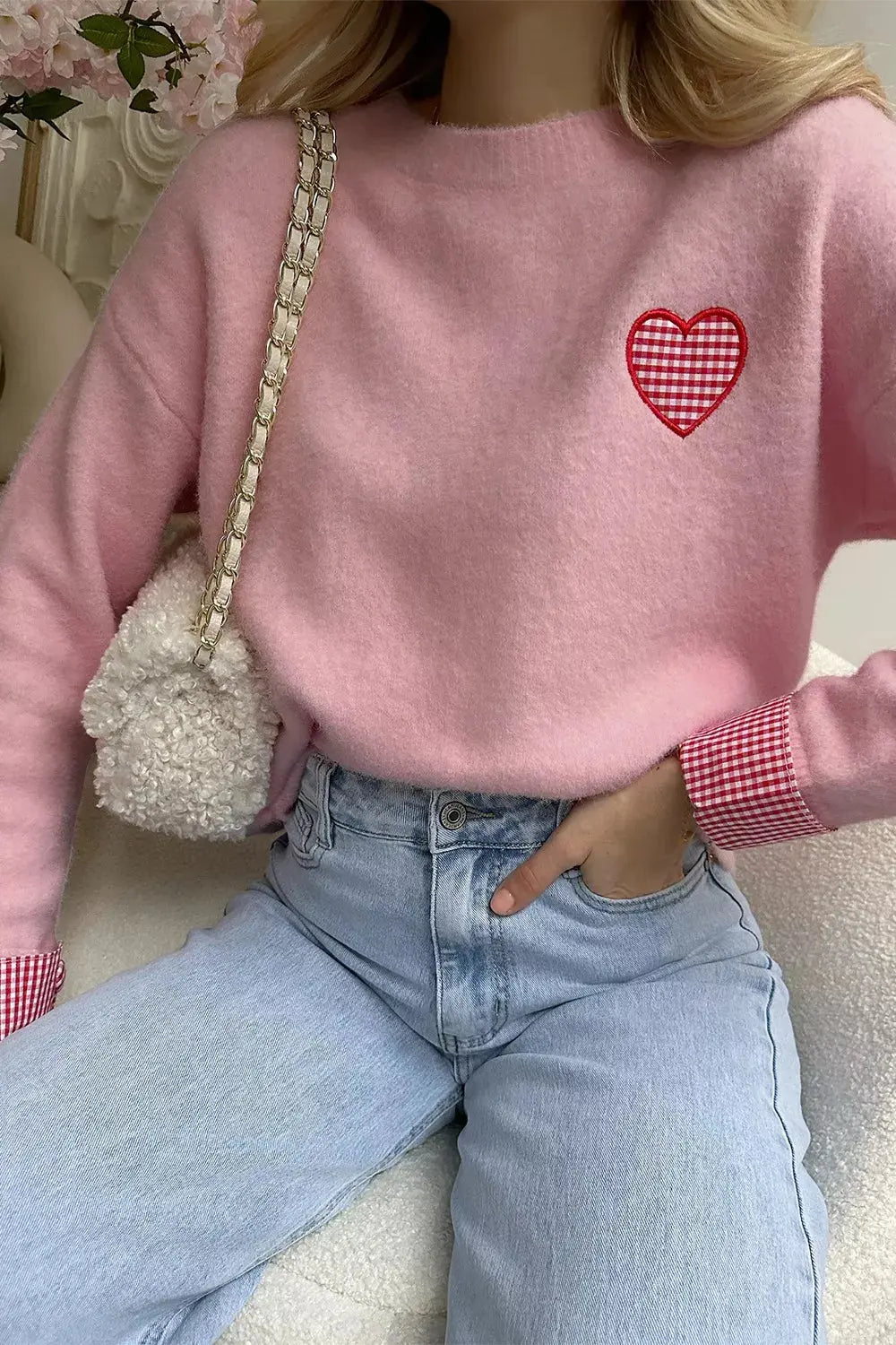 Plaid Heart Embroidered Cuffed Drop Shoulder Crew Neck Sweater Simply Love