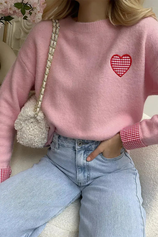Plaid Heart Embroidered Cuffed Drop Shoulder Crew Neck Sweater Simply Love