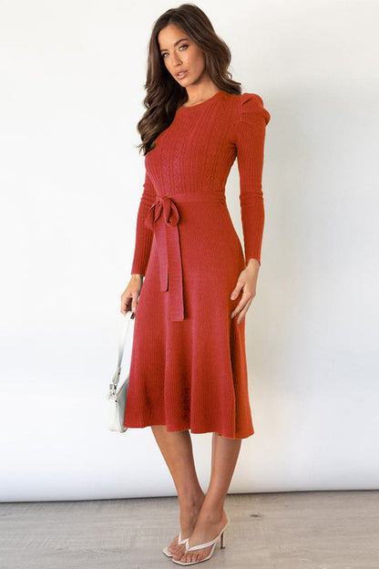 Round Neck Long Sleeve Tie Waist Sweater Dress.