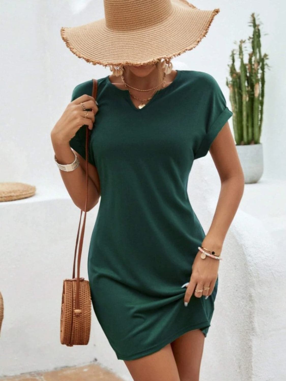 Notched Short Sleeve Mini Tee Dress.