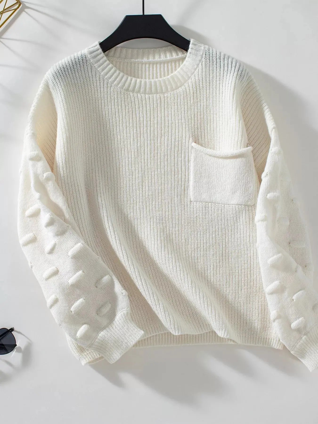 Pocket Detail Round Neck Sweater Simply Love