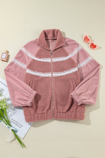 Cozy rose pink sherpa jacket with lace detailing and zip-up style