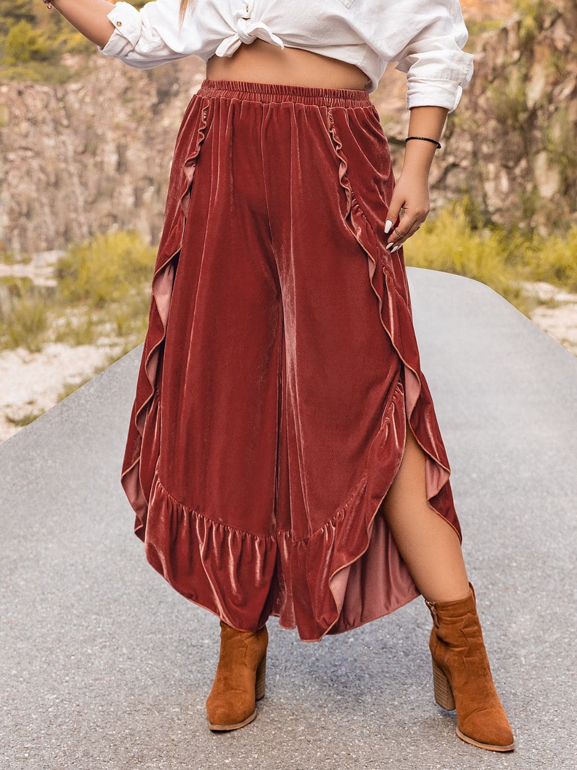 Plus Size Ruffled Slit Pants.