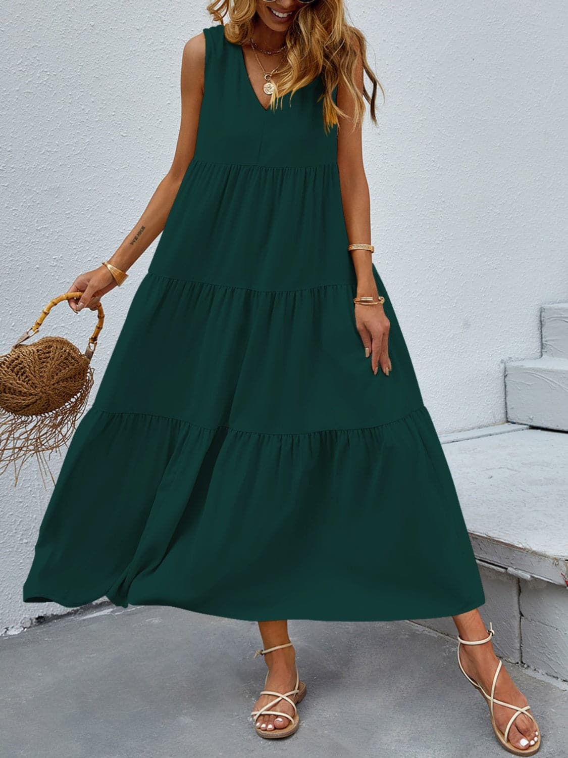 Tiered V-Neck Sleeve Dress.