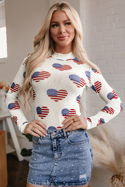 White Americana Glitter Mesh Long Sleeve Bodysuit for Women