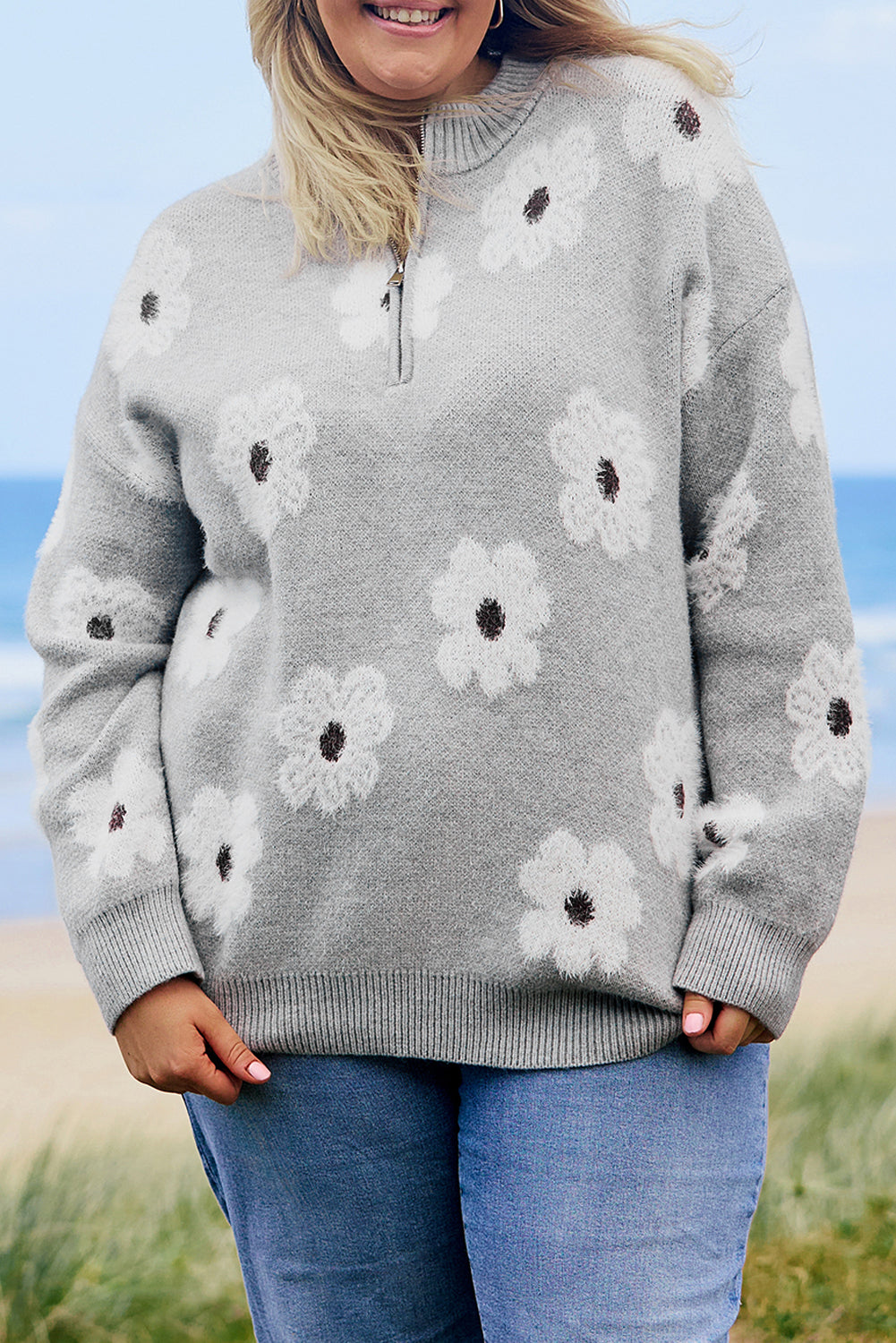 Gray floral embroidered plus size sweater