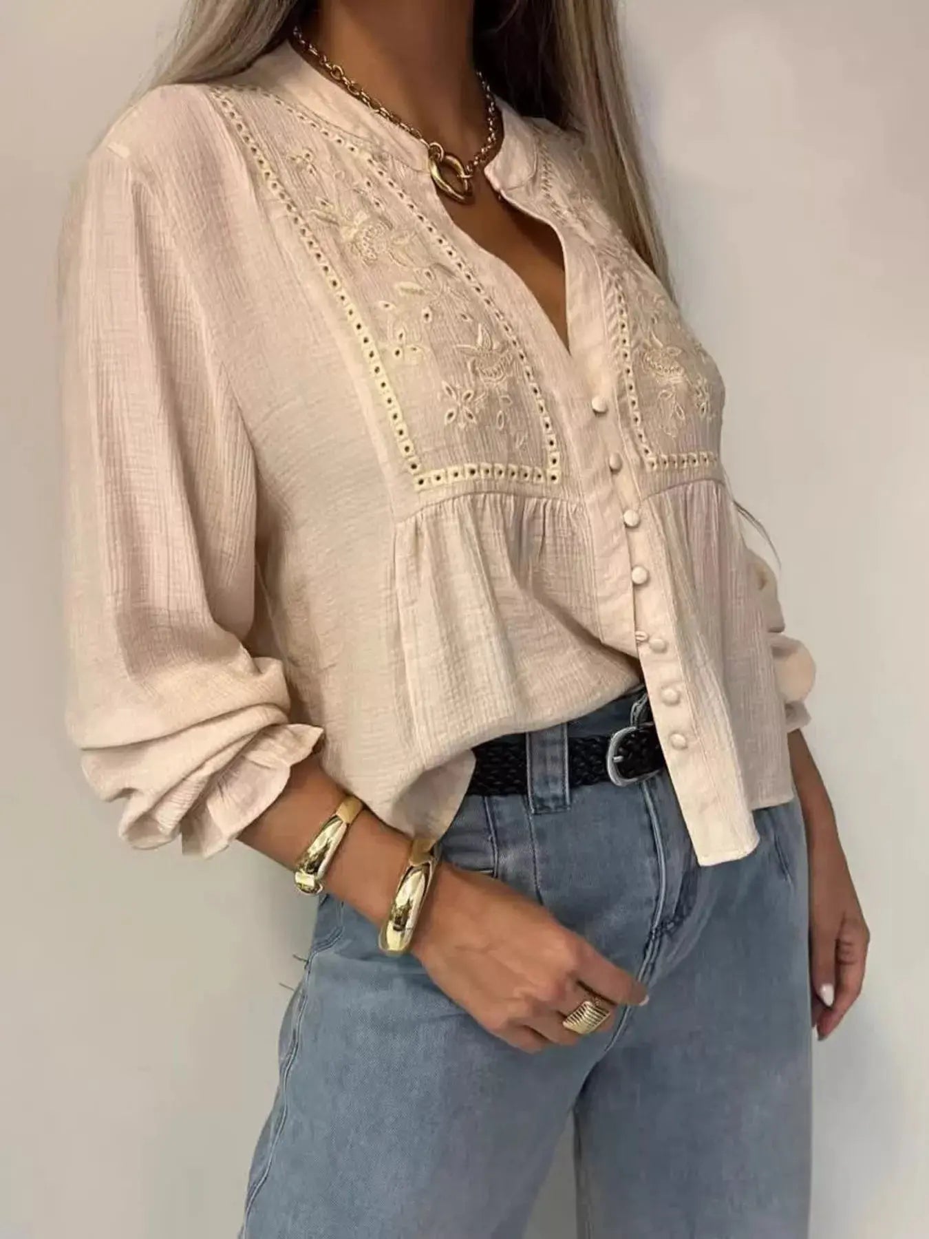 Embroidered Detail Button-Down Shirt Simply Love