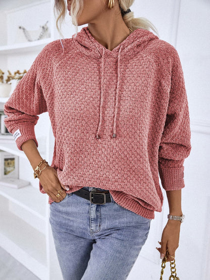 Texture Drawstring Long Sleeve Hooded Sweater.