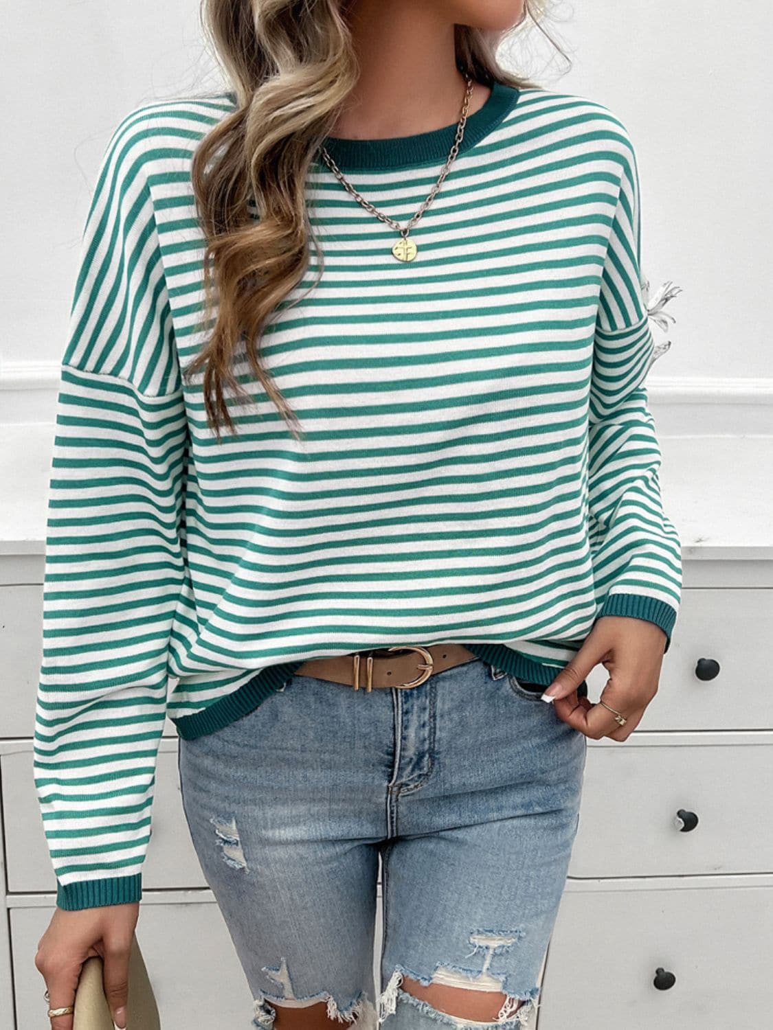 Striped Round Neck Dropped Shoulder Sweater.