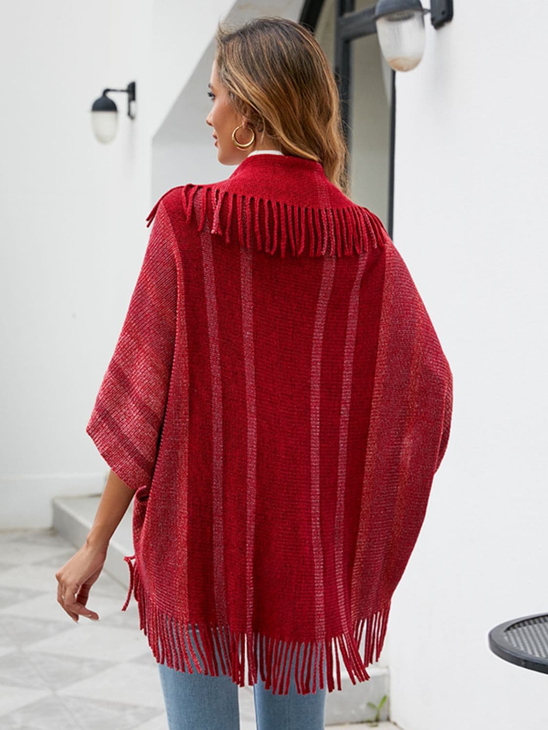 Fringe Detail Open Front Poncho.