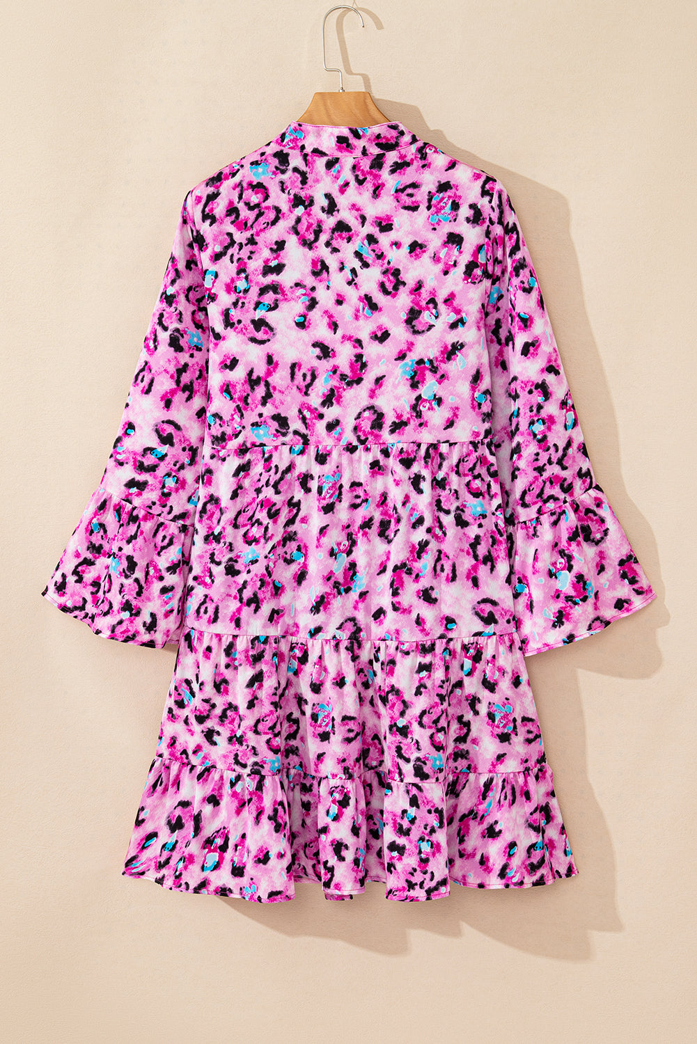 Rose Leopard Print Buttoned Front 3/4 Sleeve Tiered Ruffled Hem Dress