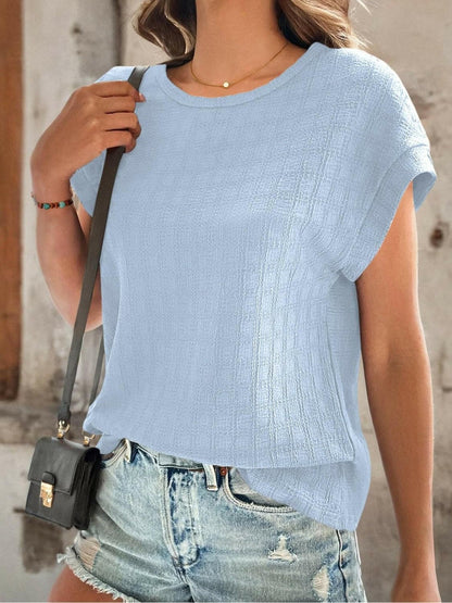 Textured Round Neck Short Sleeve Top.