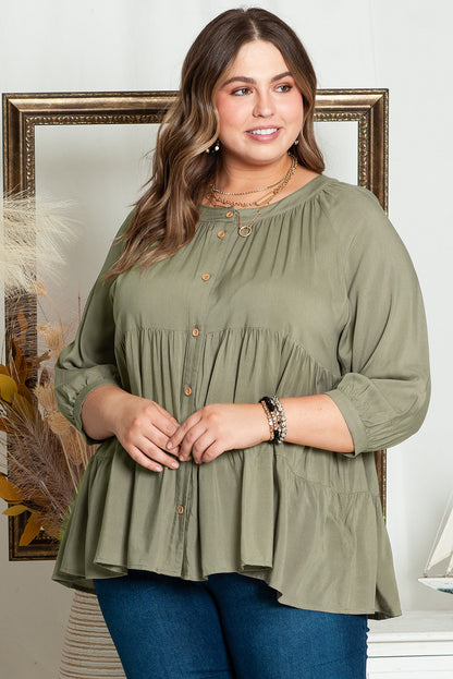 Elegant Green Plus Size Ruffle Tiered Top with Split Neckline