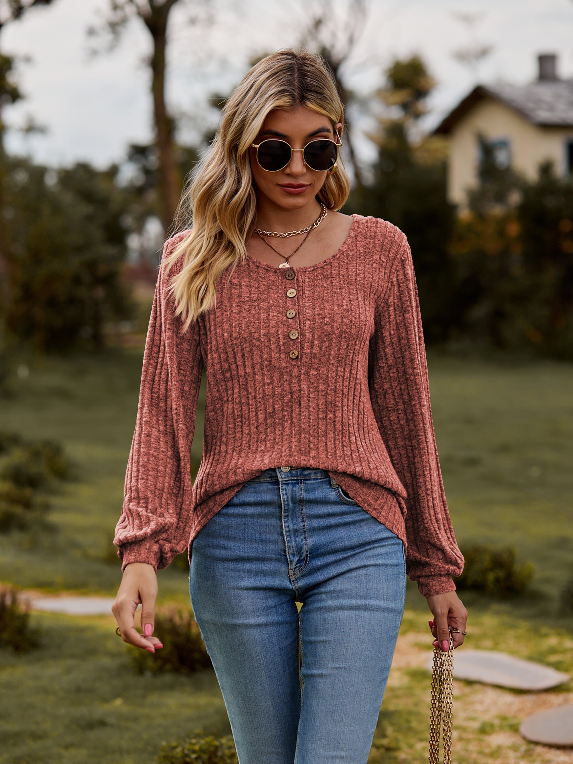 Round Neck Button-Down Long Sleeve Tee Coco’s Tee Boutique