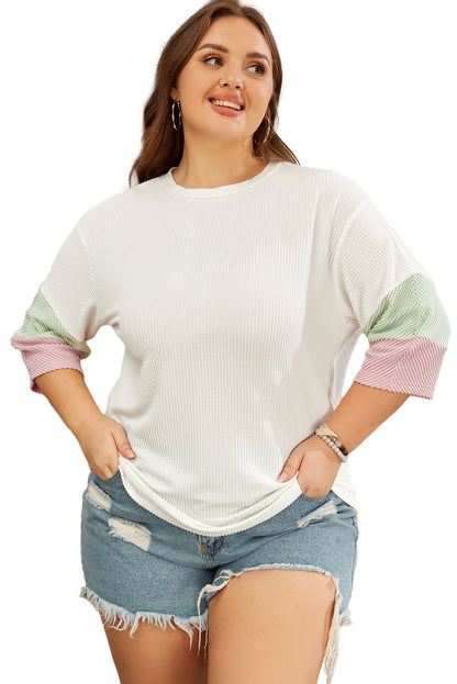 Chic white textured colorblock patchwork t-shirt for plus sizes