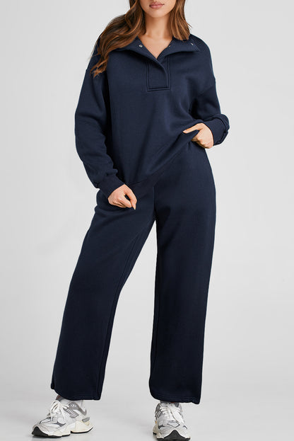 Navy Blue Solid Color Collared Sweatshirt and High Waist Pants Set