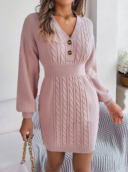 Buttoned Cable-Knit V-Neck Sweater Dress.