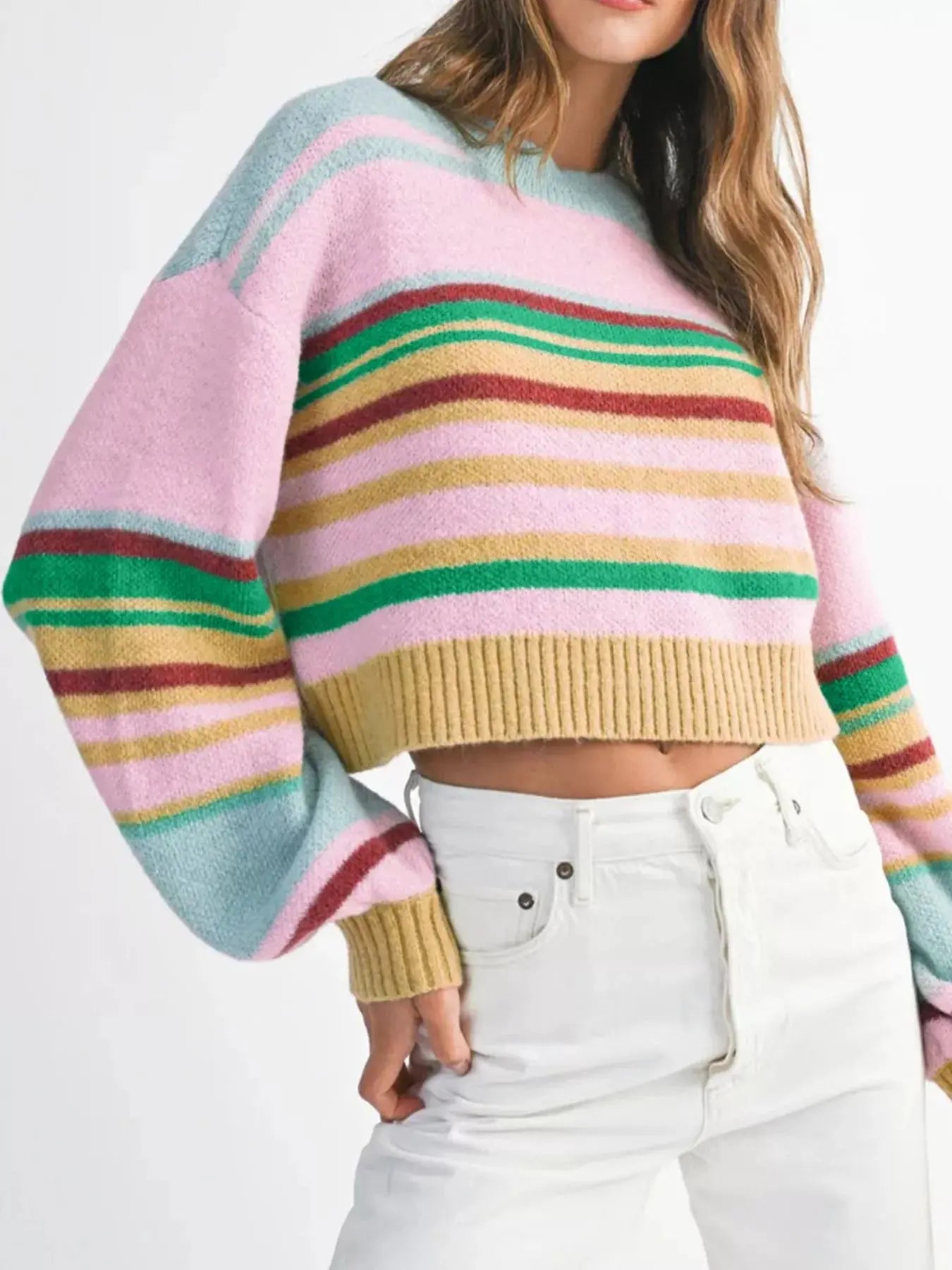 Multicolour Striped Boxy Fit Cropped Knit Sweater With Ribbed Trim Simply Love