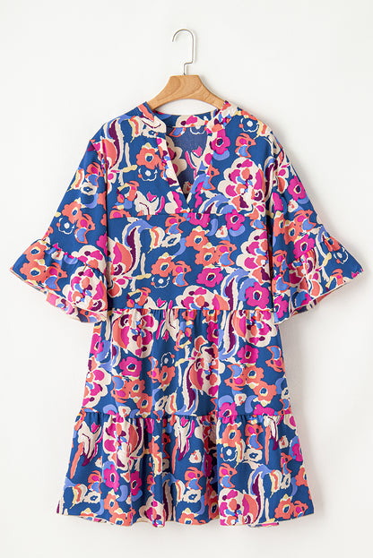 Chic blue floral ruffled mini dress with 3/4 sleeves for plus sizes