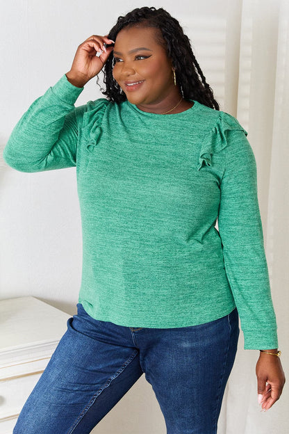 Double Take Ruffle Shoulder Long Sleeve T-Shirt.