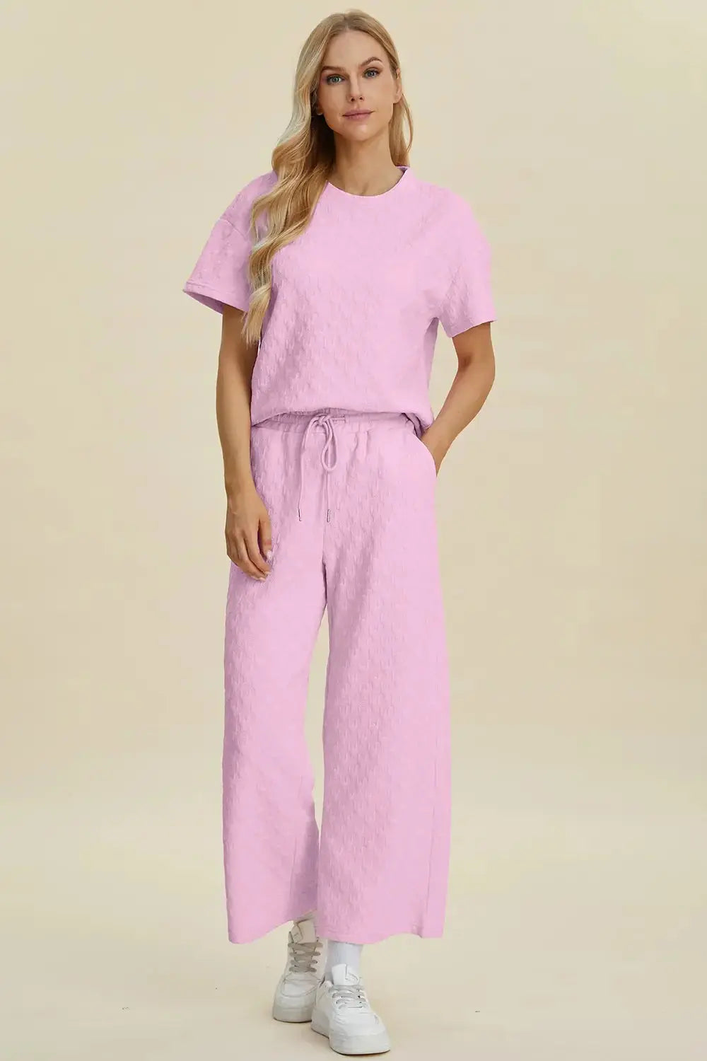 Double Take Full Size Texture Round Neck Short Sleeve Top and Pants Set - Love Salve