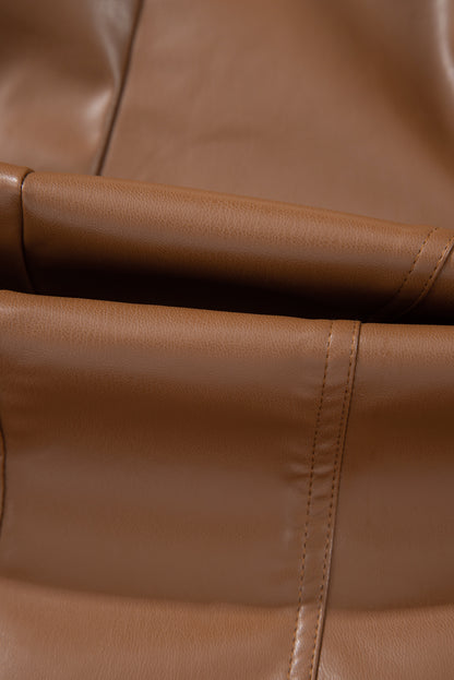 Chic chestnut faux leather bomber jacket with zipper details