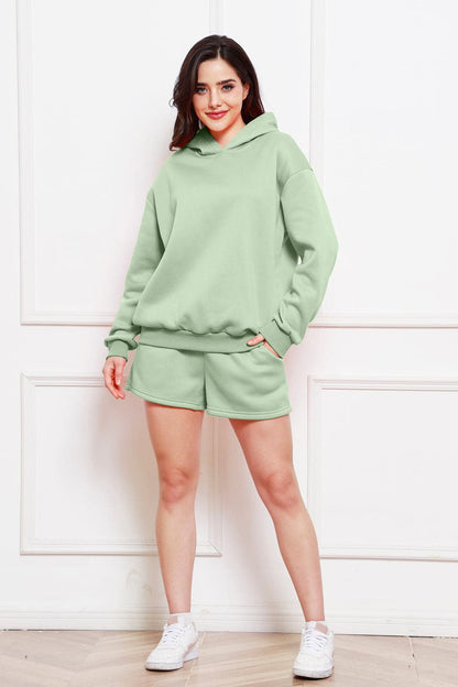 Drop Shoulder Long Sleeve Hoodie and Shorts Set.