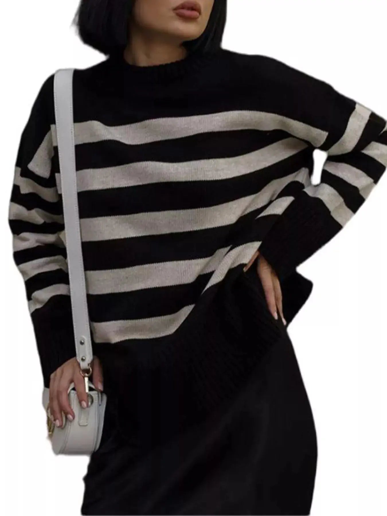 Oversized Striped Knit Sweater With Side Slits Ribbed Simply Love