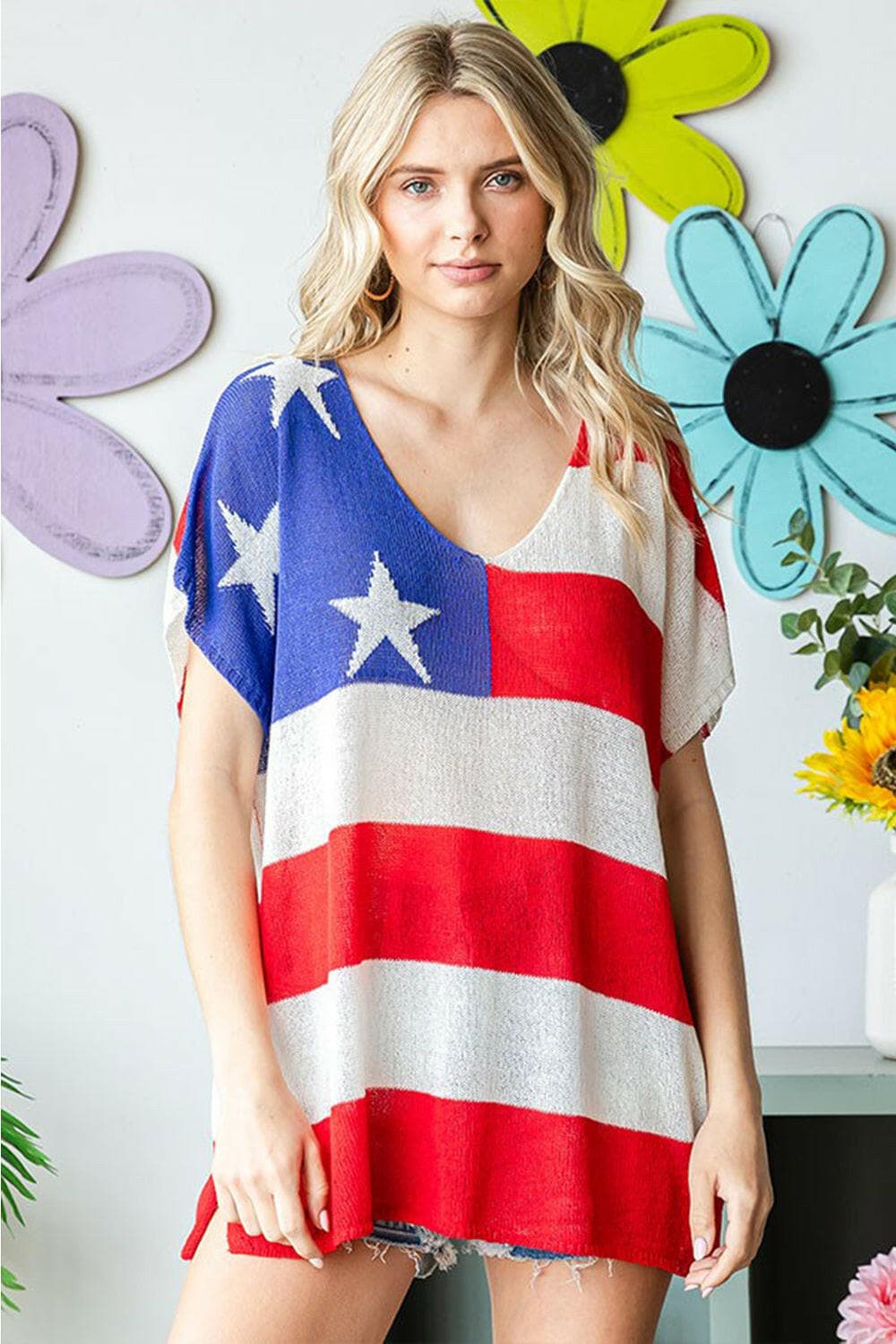 First Love Full Size USA Flag Drop Shoulder Knit Top.