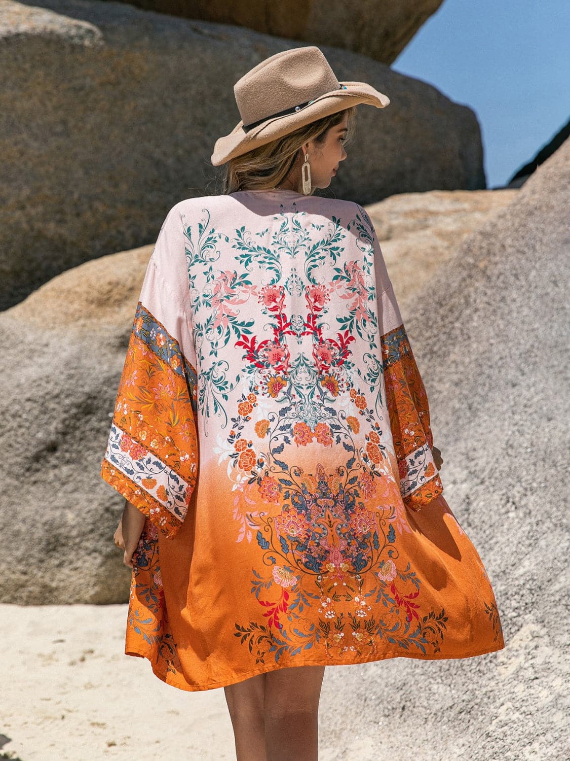 Printed Open Front Long Sleeve Cover-Up.