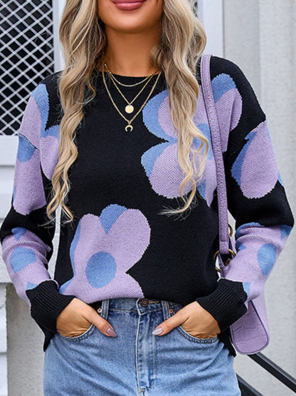 Floral print round neck long sleeve pullover sweater