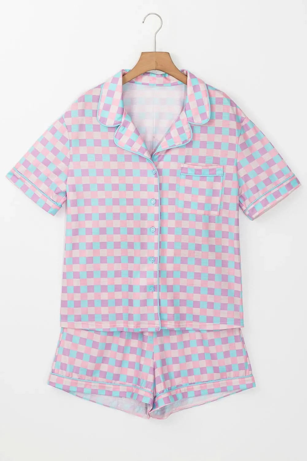 Checked Collar Neck Short Sleeve Top and Shorts Lounge Set