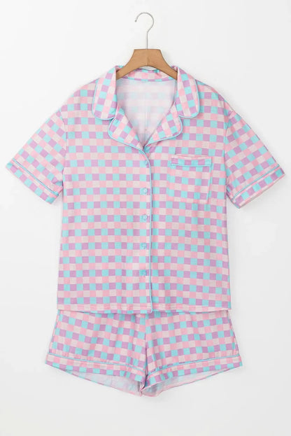 Checked Collar Neck Short Sleeve Top and Shorts Lounge Set