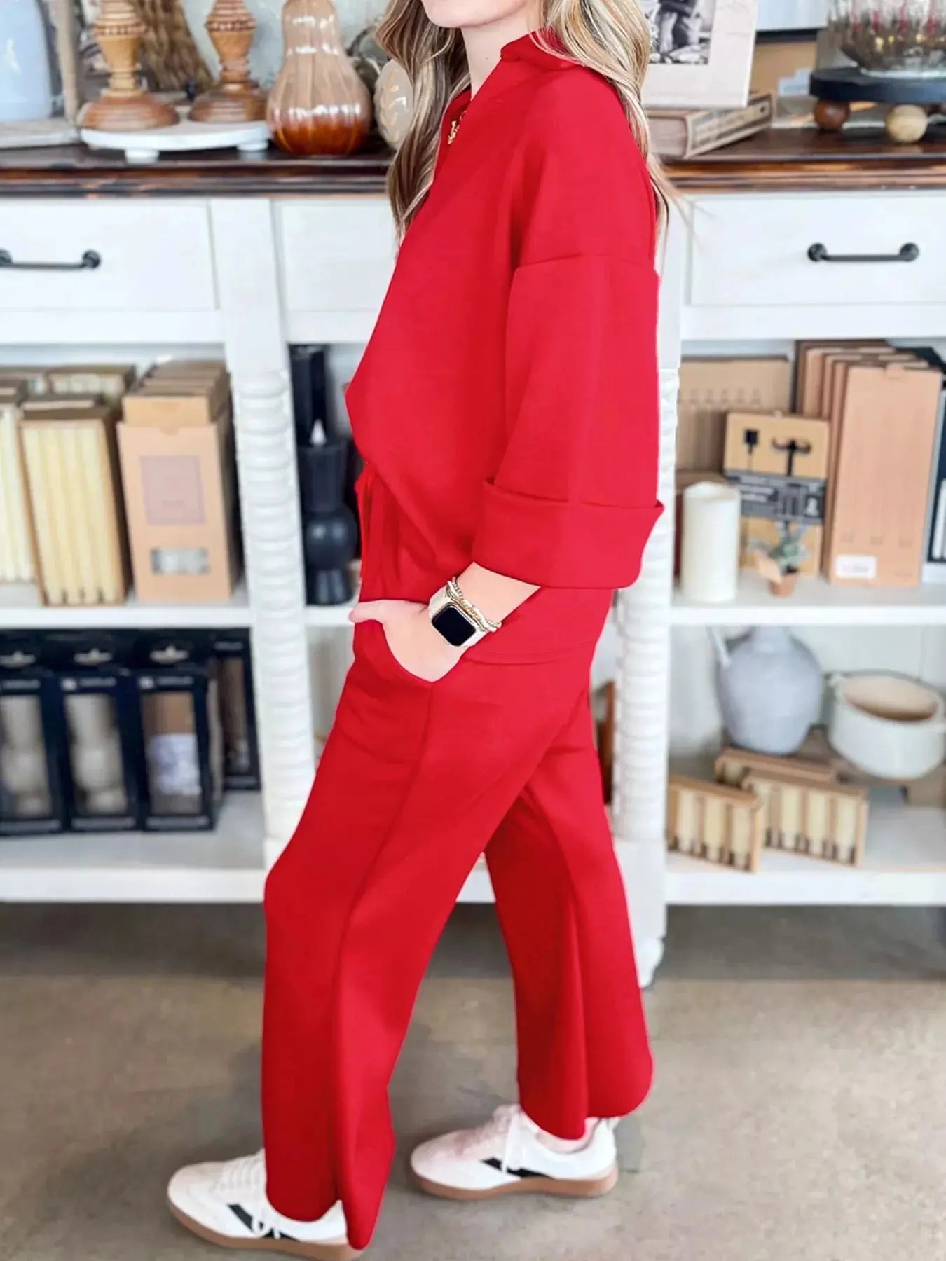Polo Collar V Neck 3/4 Sleeve Pullover Drawstring Bell Bottom Pants 2pcs Set Simply Love