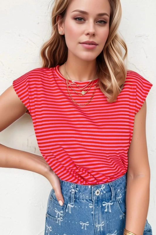 Stripe Ribbed Cap Sleeve Round Neck T Shirt Simply Love