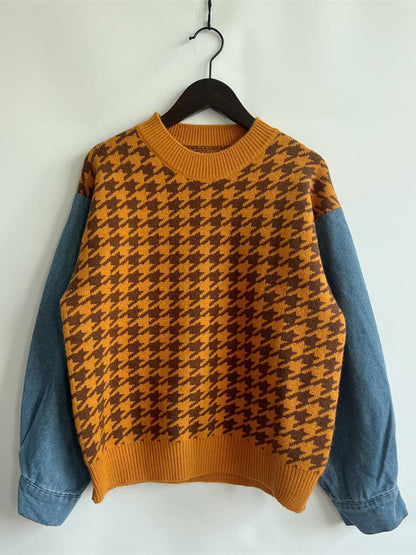 Houndstooth Denim Sleeve Sweater.