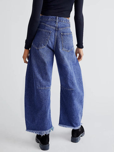 Raw Hem Wide Leg Jeans with Pockets.