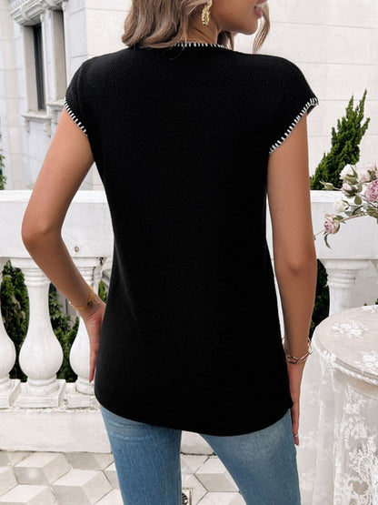 Round Neck Cap Sleeve Knit Top.