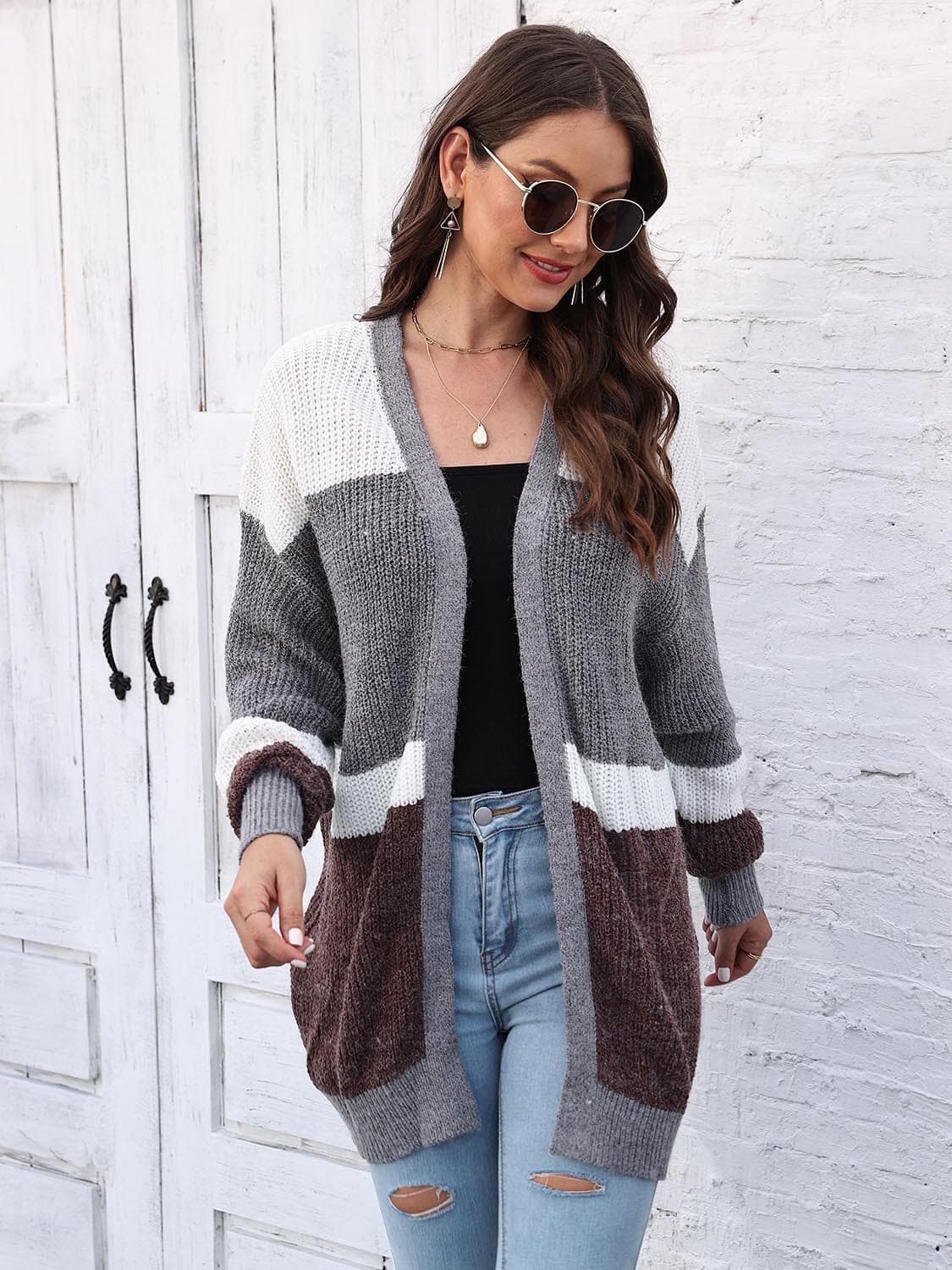 Color Block Open Front Cardigan.