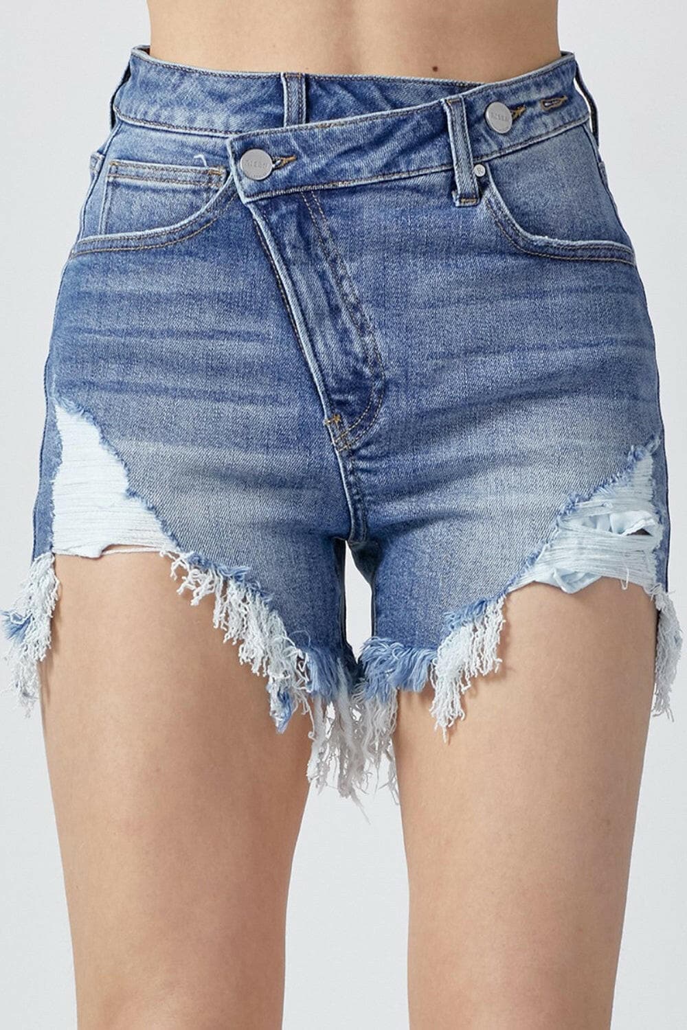 RISEN Raw Hem Asymmetrical Waist Denim Shorts.