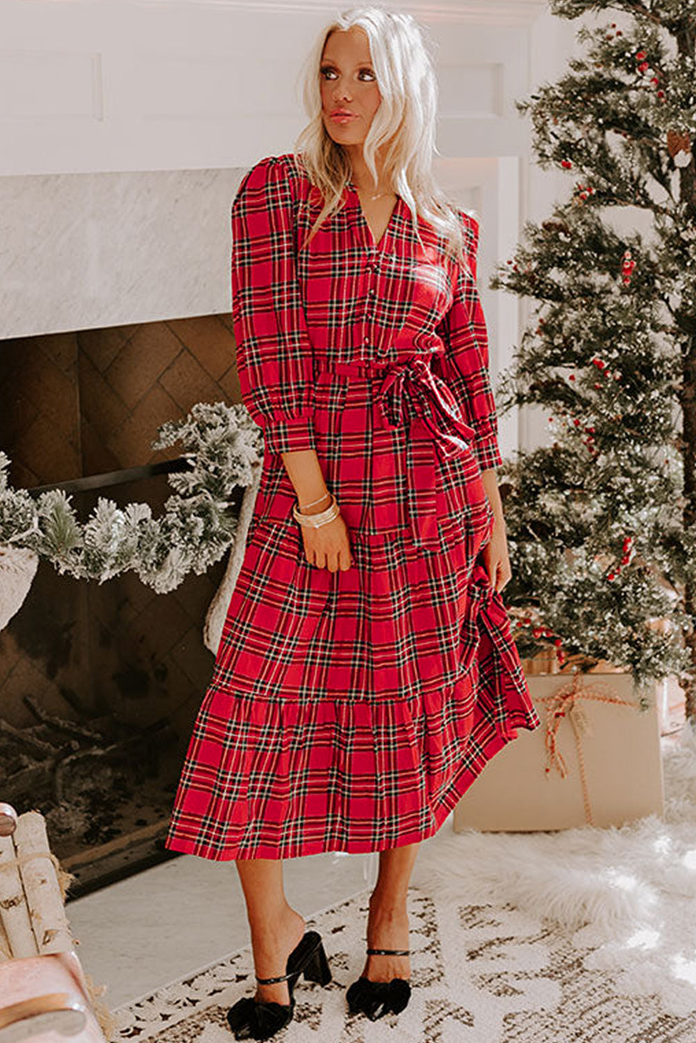 Red Christmas Plaid V Neck Three Fourth Sleeve Tie Waist Ruffle Hem Long Dress For Women Holiday Party Winter Casual Dear-Lover Dropshipping