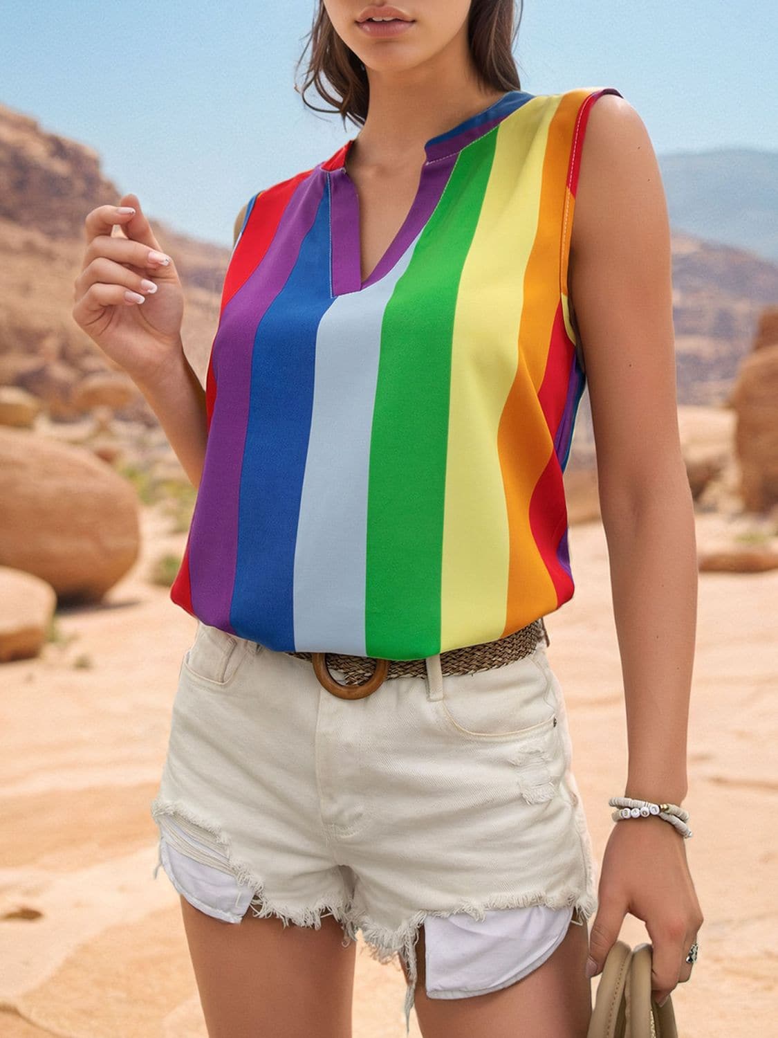 Color Block Notched Sleeveless Top.