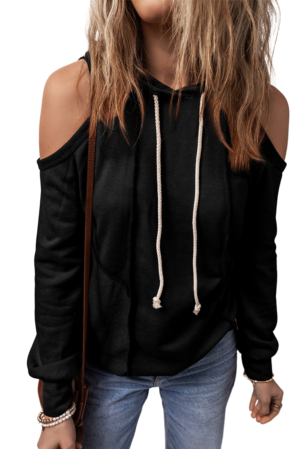 Chic cold shoulder drawstring hoodie with exposed seam details