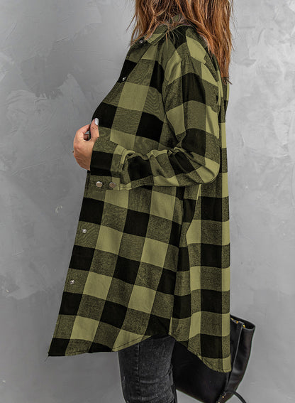 Chic green plaid longline shirt coat with turn-down collar