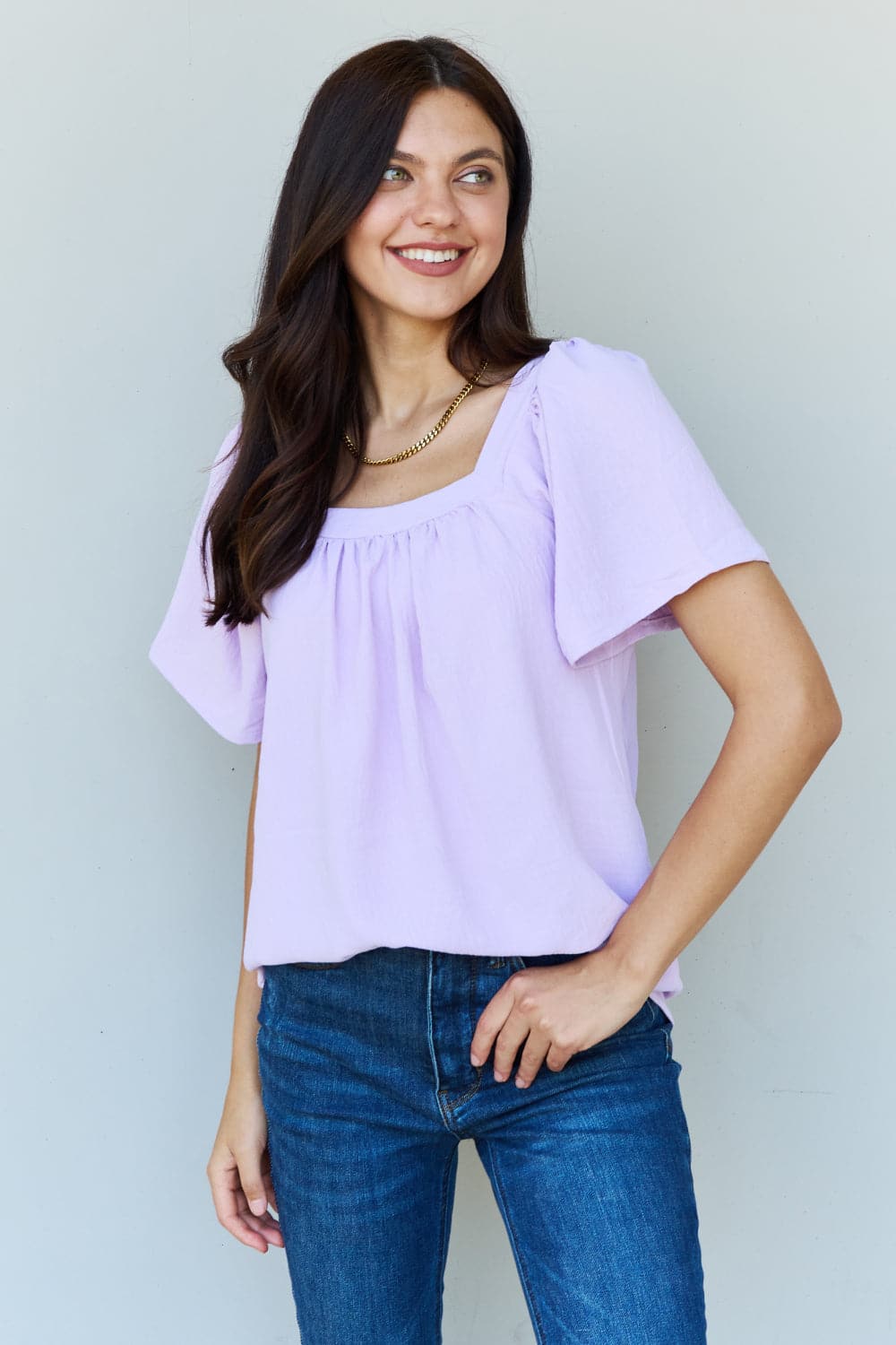 Ninexis Keep Me Close Square Neck Short Sleeve Blouse in Lavender.