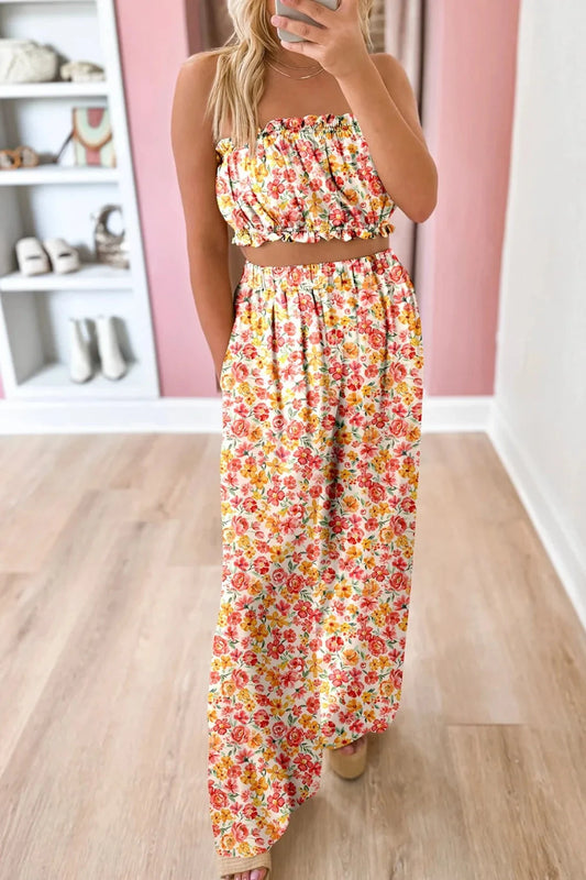 Boho Floral Bandeau Top and High Waist Wide Leg Pants Set Simply Love